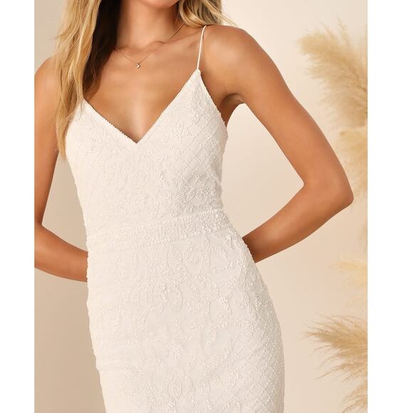 Lulus Bridal NWT Cherished Vow White Beaded Backless Mermaid Wedding Gown Dress - Picture 5 of 14